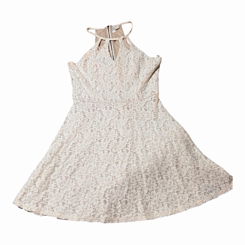 Love Fire Womens M Cream Lace Halter Fit Flare Mini Dress Cutout Lined